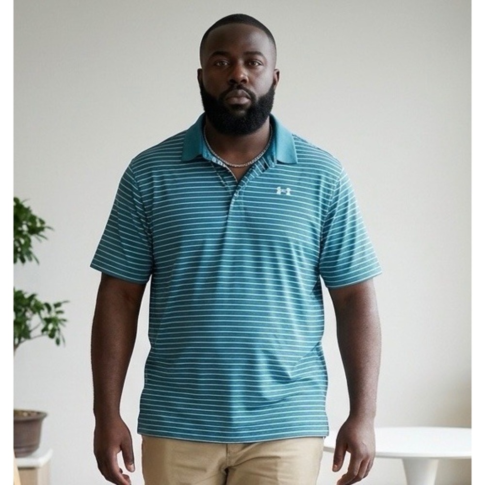 Under Armour Mens XXL Teal Striped Performance Golf Polo Shirt Short Sleeve Blue